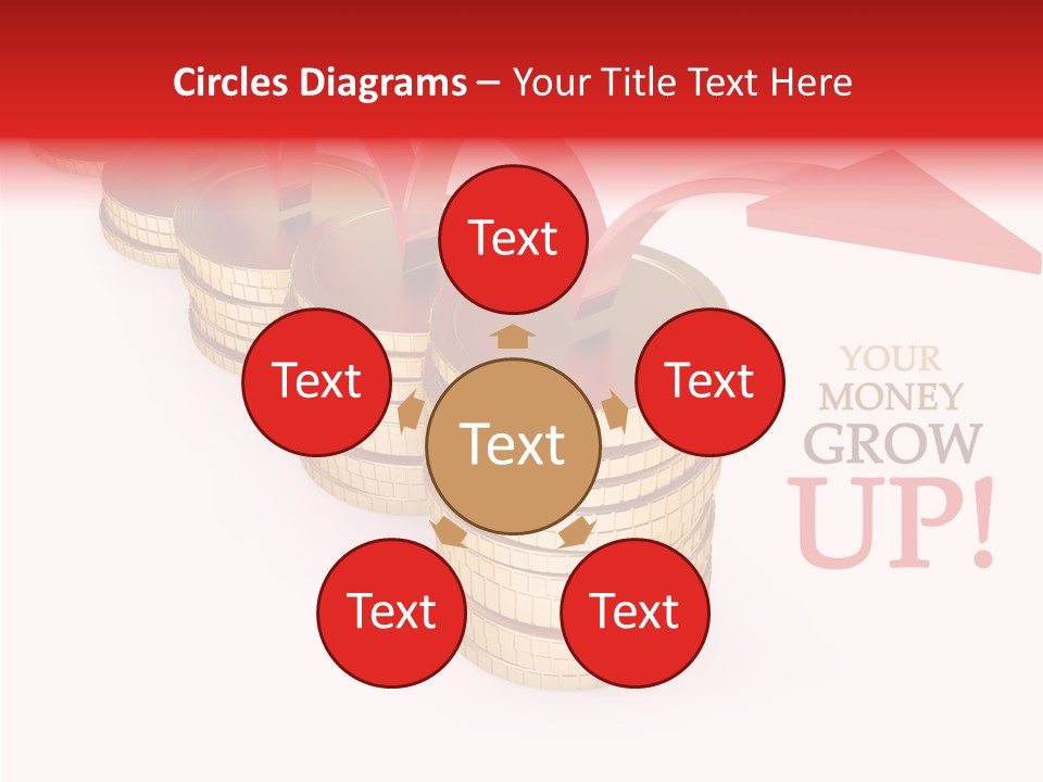 A Row Of Stacks Of Coins With A Red Arrow Pointing Up PowerPoint Template