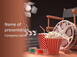 A Movie Projector And A Bucket Of Popcorn On A Table PowerPoint Template