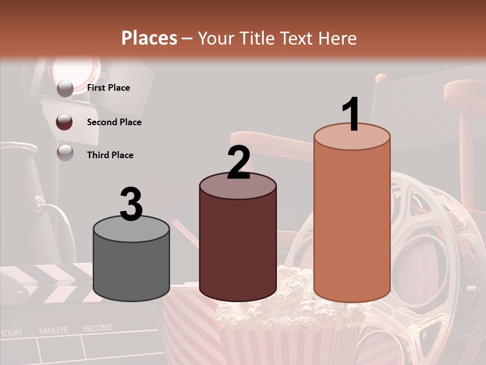 A Movie Projector And A Bucket Of Popcorn On A Table PowerPoint Template