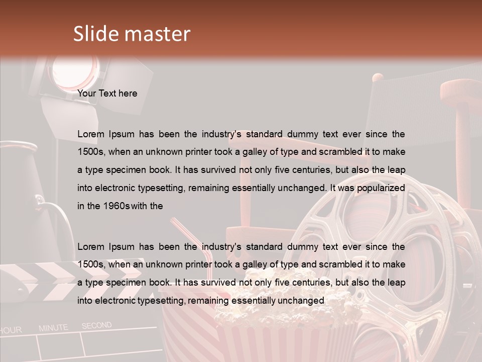 A Movie Projector And A Bucket Of Popcorn On A Table PowerPoint Template