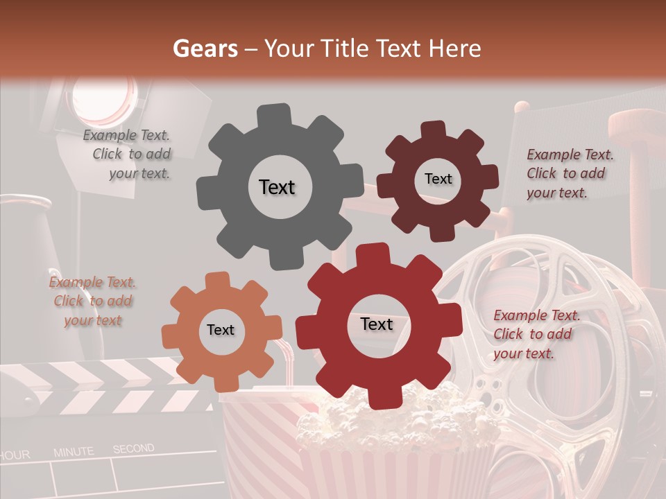 A Movie Projector And A Bucket Of Popcorn On A Table PowerPoint Template