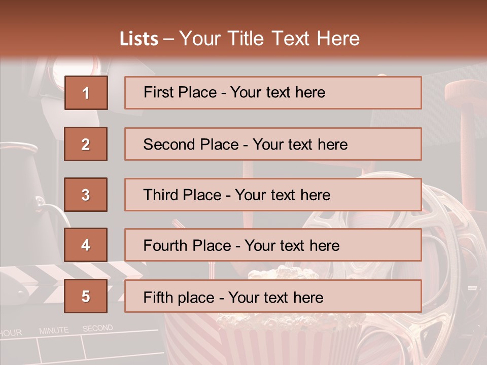A Movie Projector And A Bucket Of Popcorn On A Table PowerPoint Template