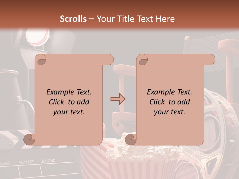 A Movie Projector And A Bucket Of Popcorn On A Table PowerPoint Template