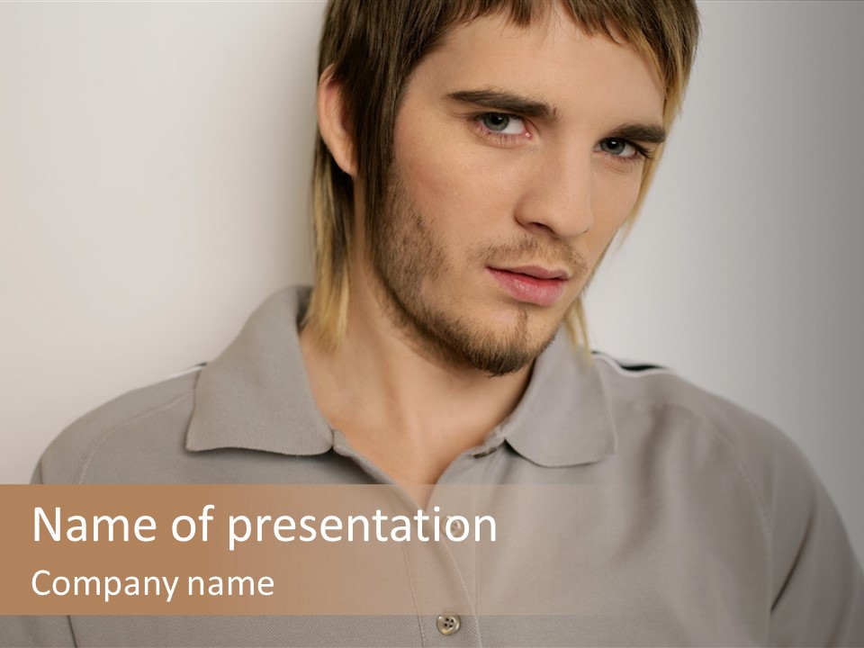 Young Man In A Grey Polo Shirt PowerPoint Template