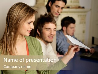 Men Watching Woman With Paper Aeroplane PowerPoint Template