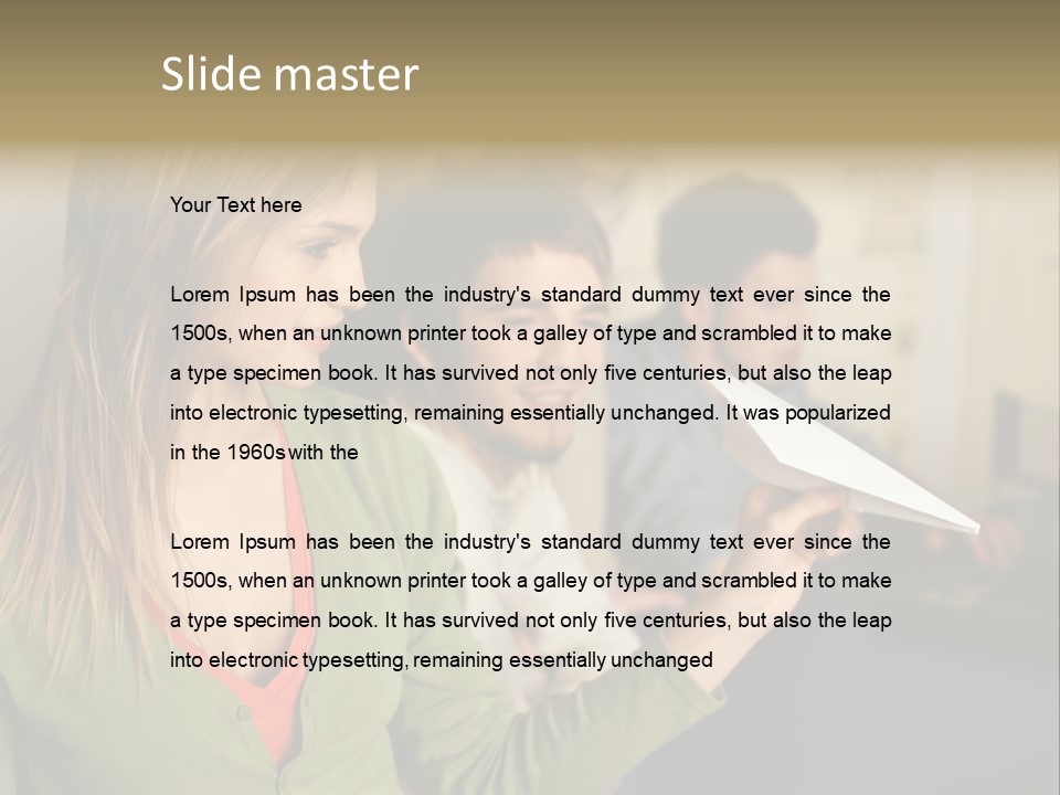 Men Watching Woman With Paper Aeroplane PowerPoint Template