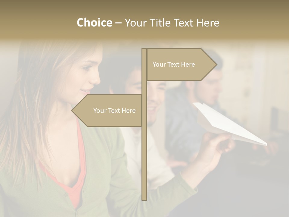 Men Watching Woman With Paper Aeroplane PowerPoint Template