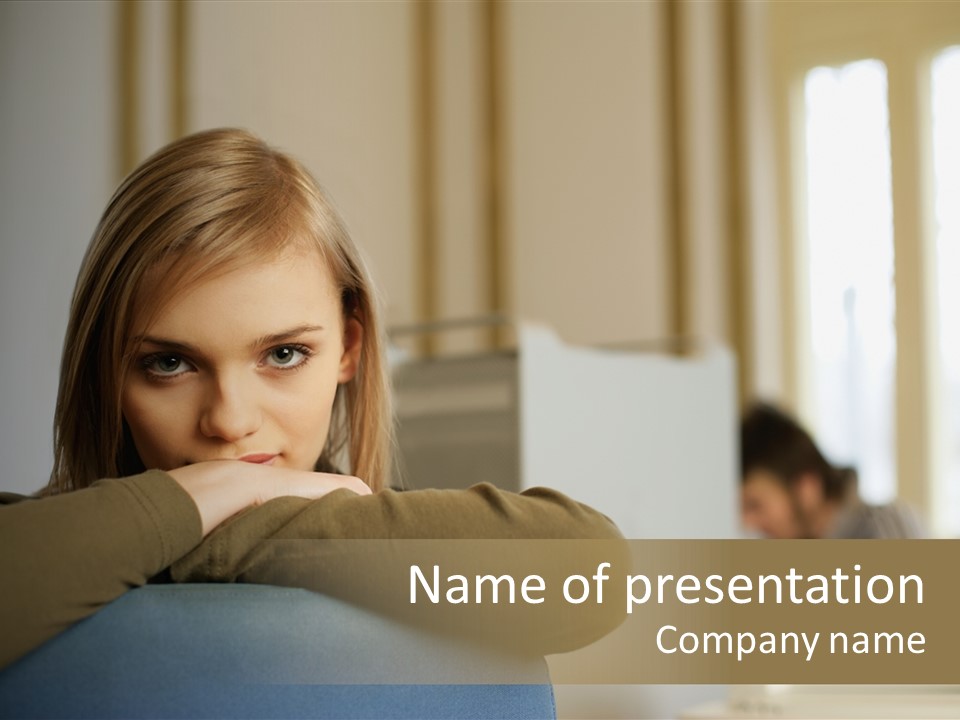 Woman Leaning On The Back Of Her Chair PowerPoint Template