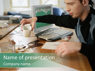 Man With Coffee Spilt On His Desk PowerPoint Template