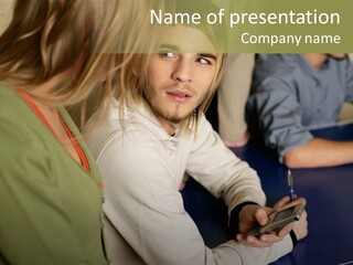 Man Holding Mobile Phone And Looking At Woman PowerPoint Template