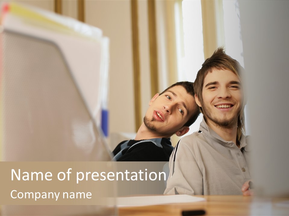 Happy Male Colleagues PowerPoint Template