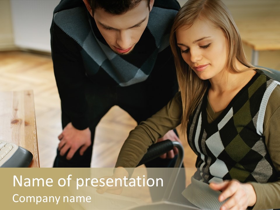 Woman Showing Work To Man PowerPoint Template