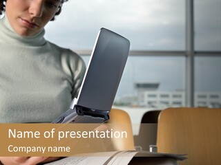 Woman Using Palmtop In Departure Lounge PowerPoint Template