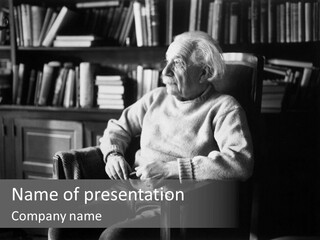 Einstein Sitting In A Chair Black White Background PowerPoint Template