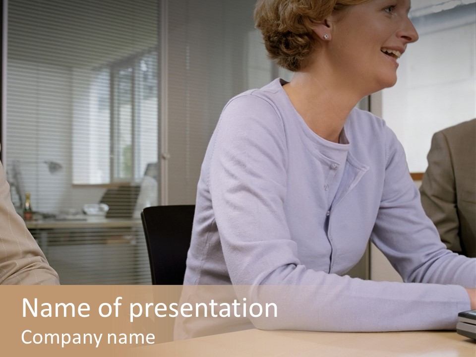 Smiling Woman In Meeting PowerPoint Template