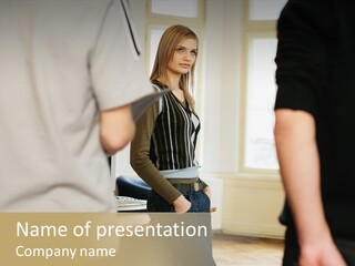 Two Young Men Approaching Young Woman PowerPoint Template