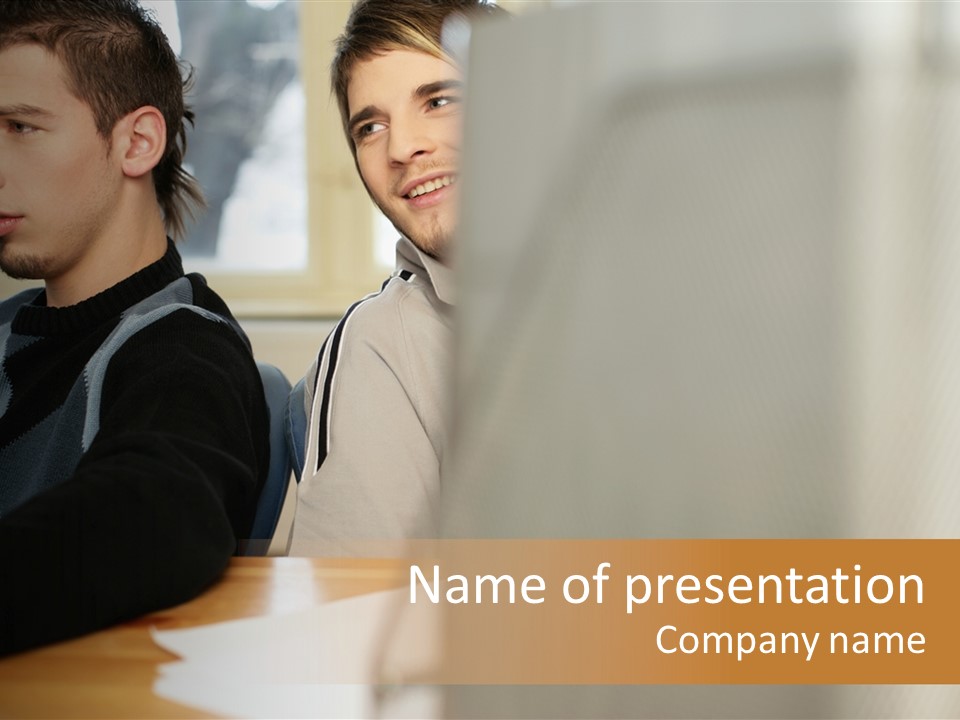 Man Looking Over Colleague's Shoulder PowerPoint Template