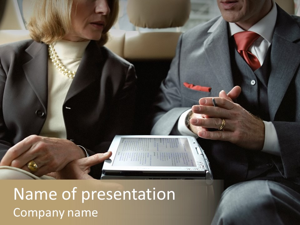 Business People In Taxi With Laptop PowerPoint Template