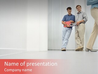 Male Office Workers Watching Woman Walk By PowerPoint Template