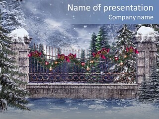 A Gate With Christmas Decorations On It In The Snow PowerPoint Template