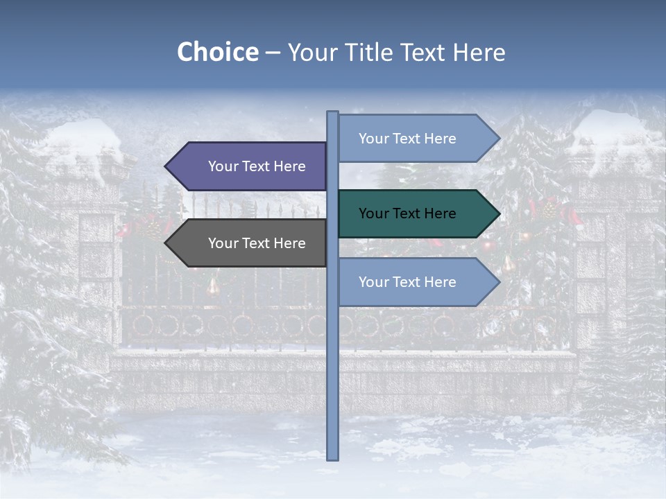 A Gate With Christmas Decorations On It In The Snow PowerPoint Template