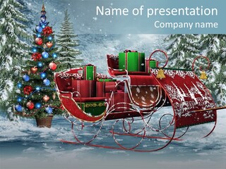 A Christmas Sleigh With Presents And A Christmas Tree PowerPoint Template