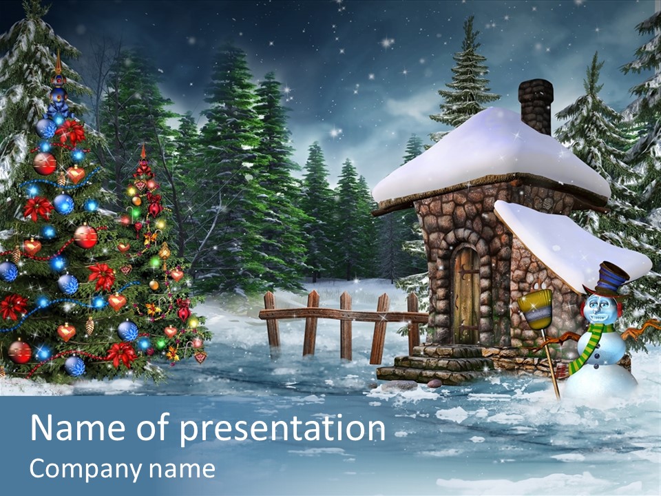 A Christmas Powerpoint Presentation With A Snowy Scene And A Christmas Tree PowerPoint Template