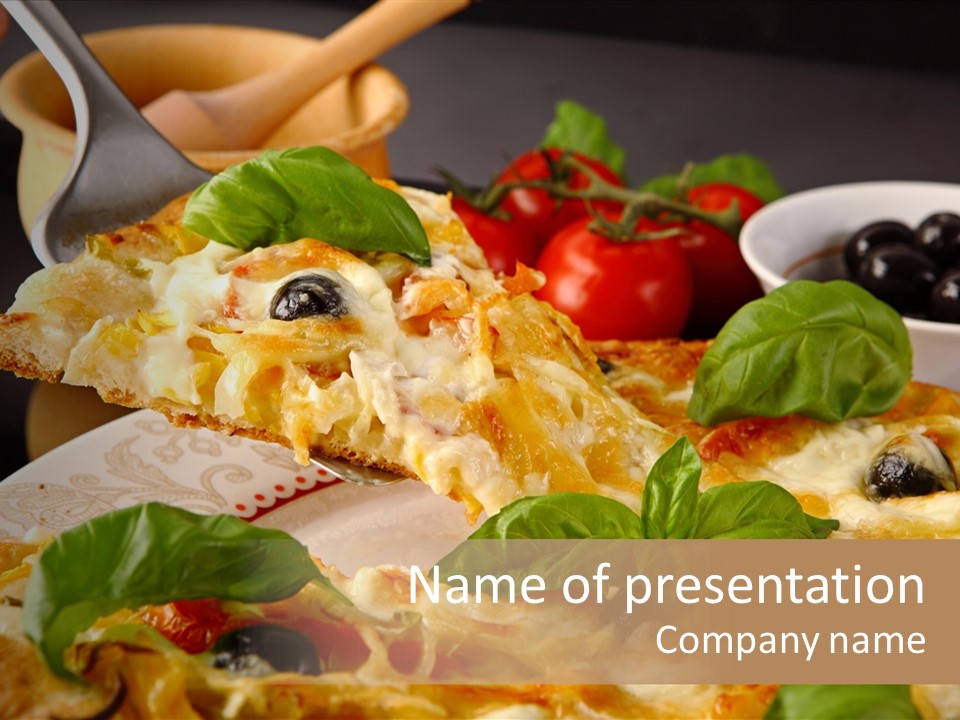 A Plate Of Pizza With Olives And Tomatoes PowerPoint Template