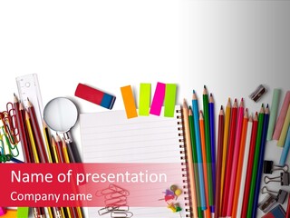 A Pile Of School Supplies With A Name Of Presentation PowerPoint Template