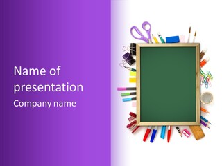 A Blackboard Surrounded By School Supplies On A Purple And White Background PowerPoint Template