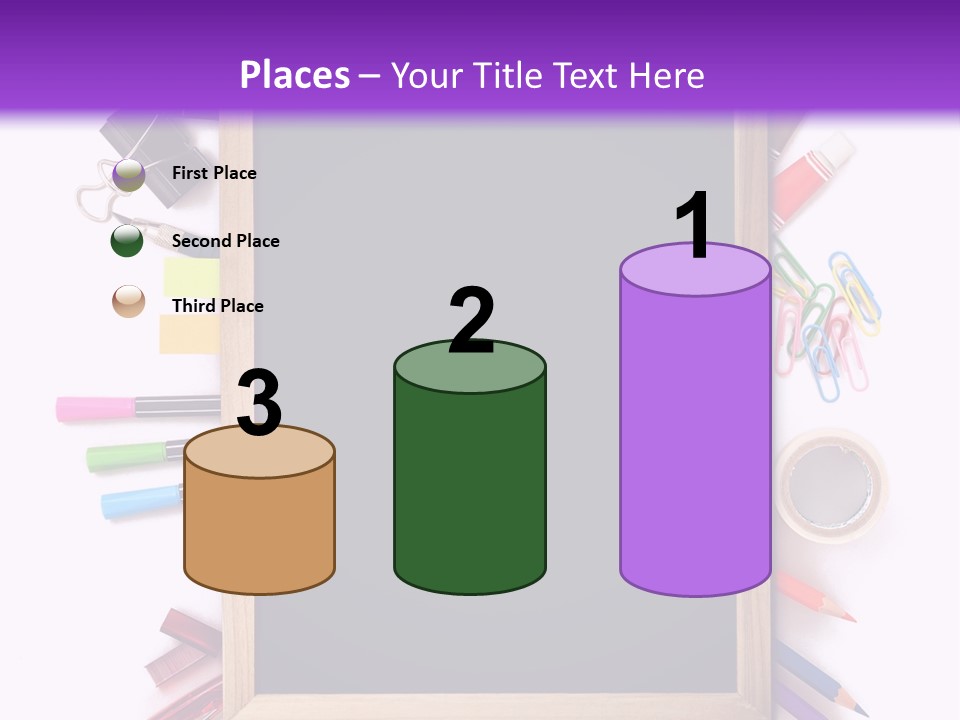 A Blackboard Surrounded By School Supplies On A Purple And White Background PowerPoint Template