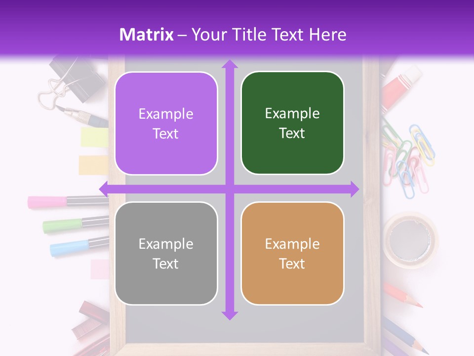 A Blackboard Surrounded By School Supplies On A Purple And White Background PowerPoint Template