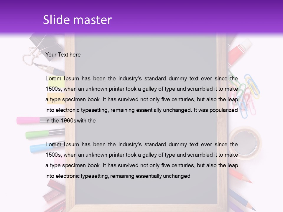 A Blackboard Surrounded By School Supplies On A Purple And White Background PowerPoint Template