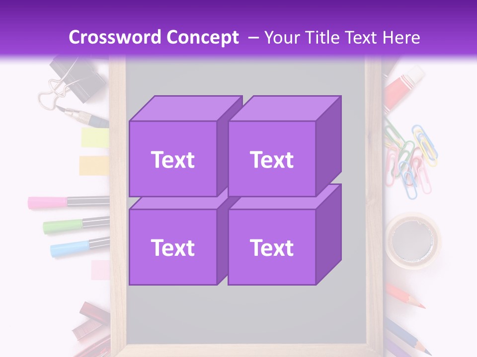 A Blackboard Surrounded By School Supplies On A Purple And White Background PowerPoint Template