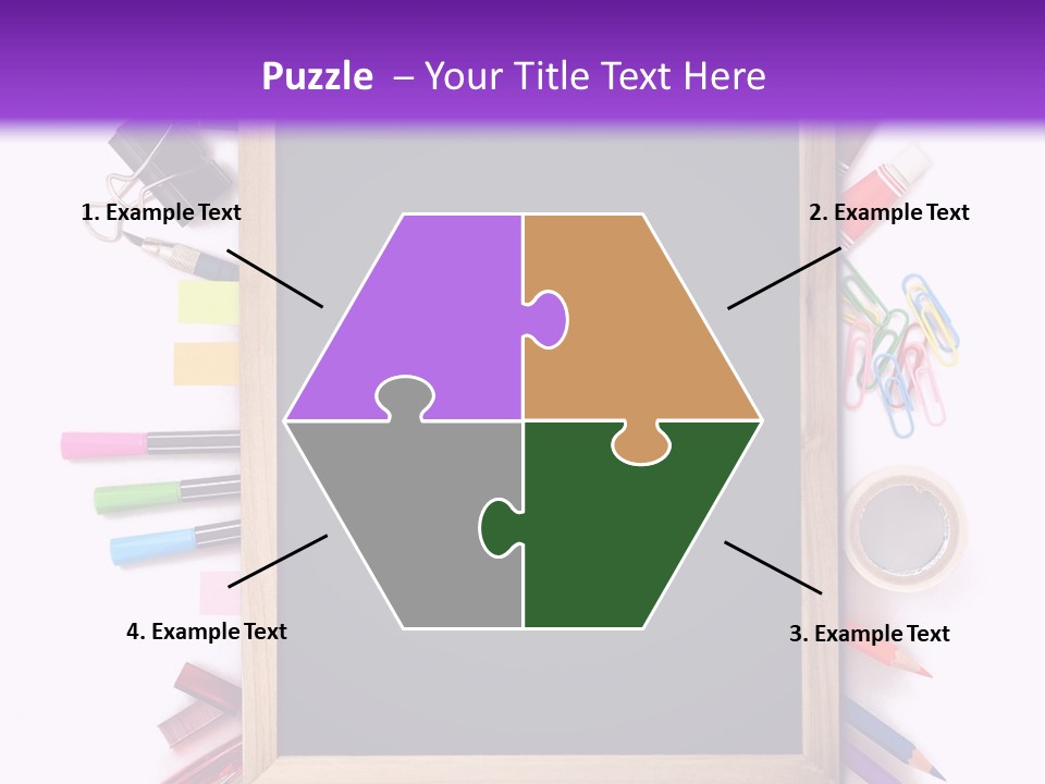 A Blackboard Surrounded By School Supplies On A Purple And White Background PowerPoint Template