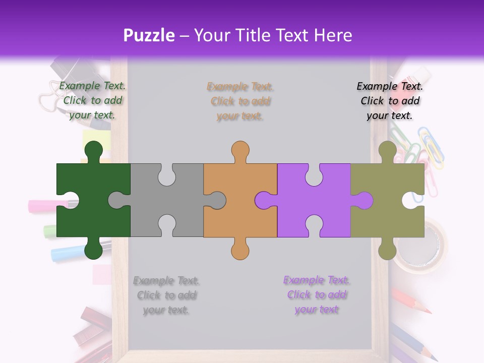 A Blackboard Surrounded By School Supplies On A Purple And White Background PowerPoint Template