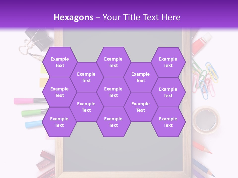 A Blackboard Surrounded By School Supplies On A Purple And White Background PowerPoint Template
