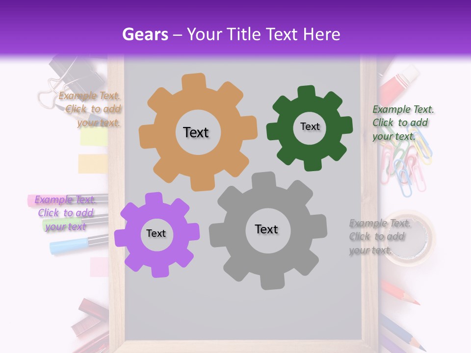A Blackboard Surrounded By School Supplies On A Purple And White Background PowerPoint Template