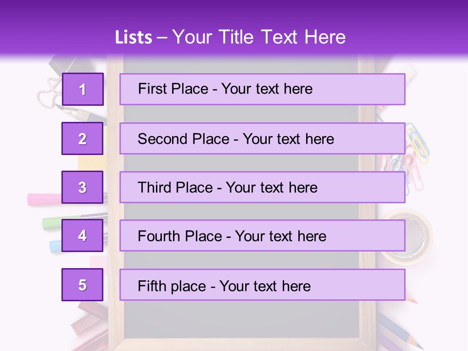 A Blackboard Surrounded By School Supplies On A Purple And White Background PowerPoint Template