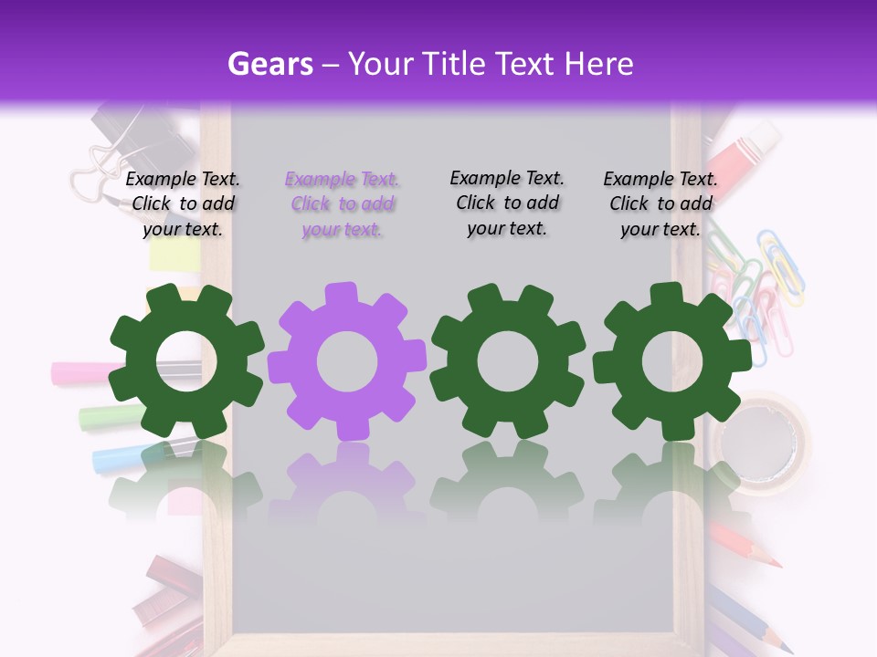 A Blackboard Surrounded By School Supplies On A Purple And White Background PowerPoint Template