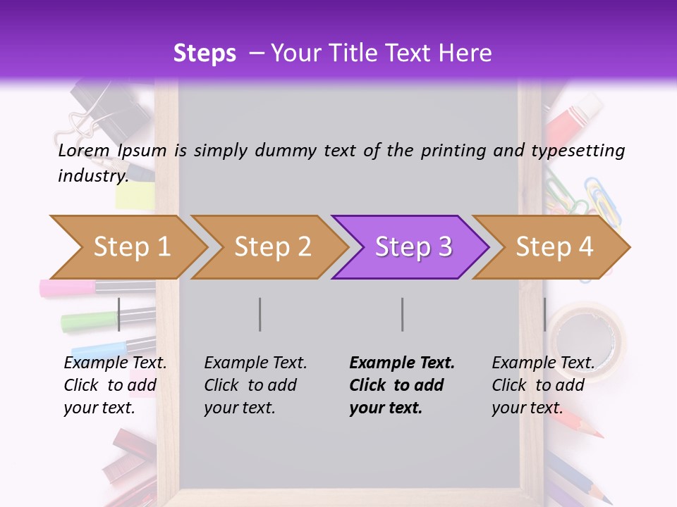 A Blackboard Surrounded By School Supplies On A Purple And White Background PowerPoint Template