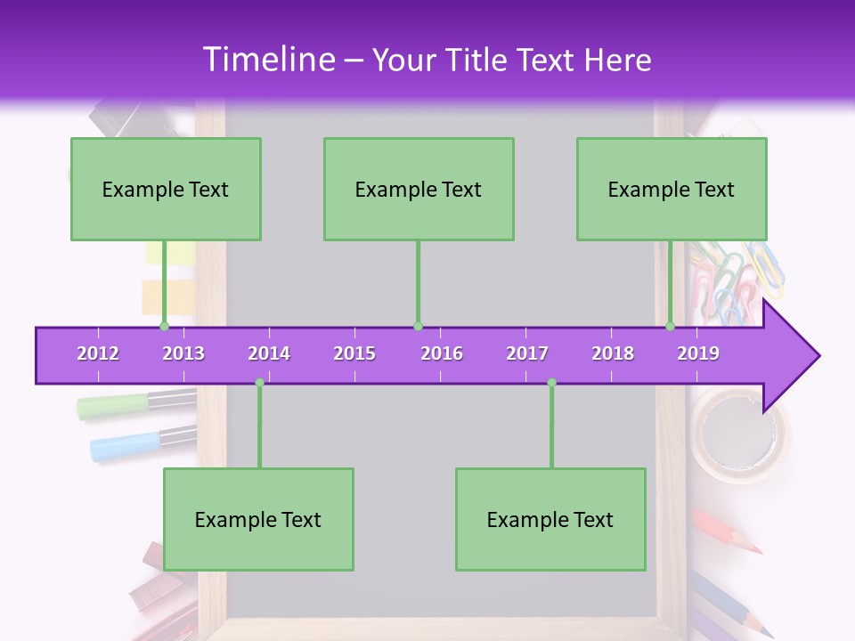 A Blackboard Surrounded By School Supplies On A Purple And White Background PowerPoint Template