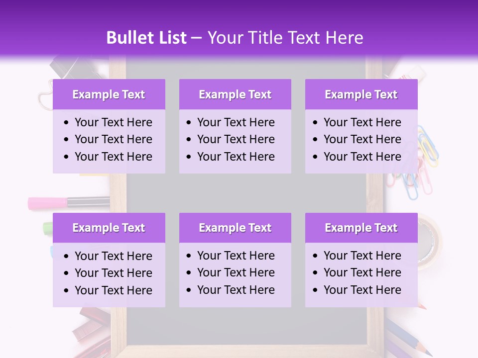 A Blackboard Surrounded By School Supplies On A Purple And White Background PowerPoint Template