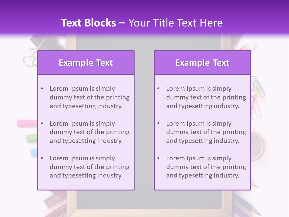A Blackboard Surrounded By School Supplies On A Purple And White Background PowerPoint Template