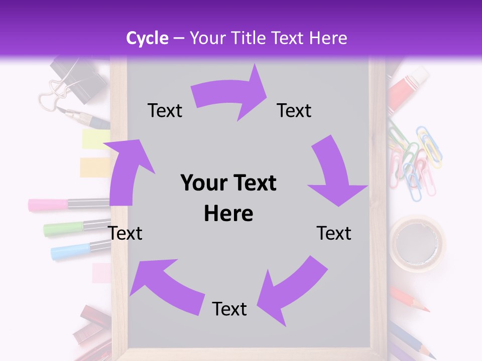A Blackboard Surrounded By School Supplies On A Purple And White Background PowerPoint Template