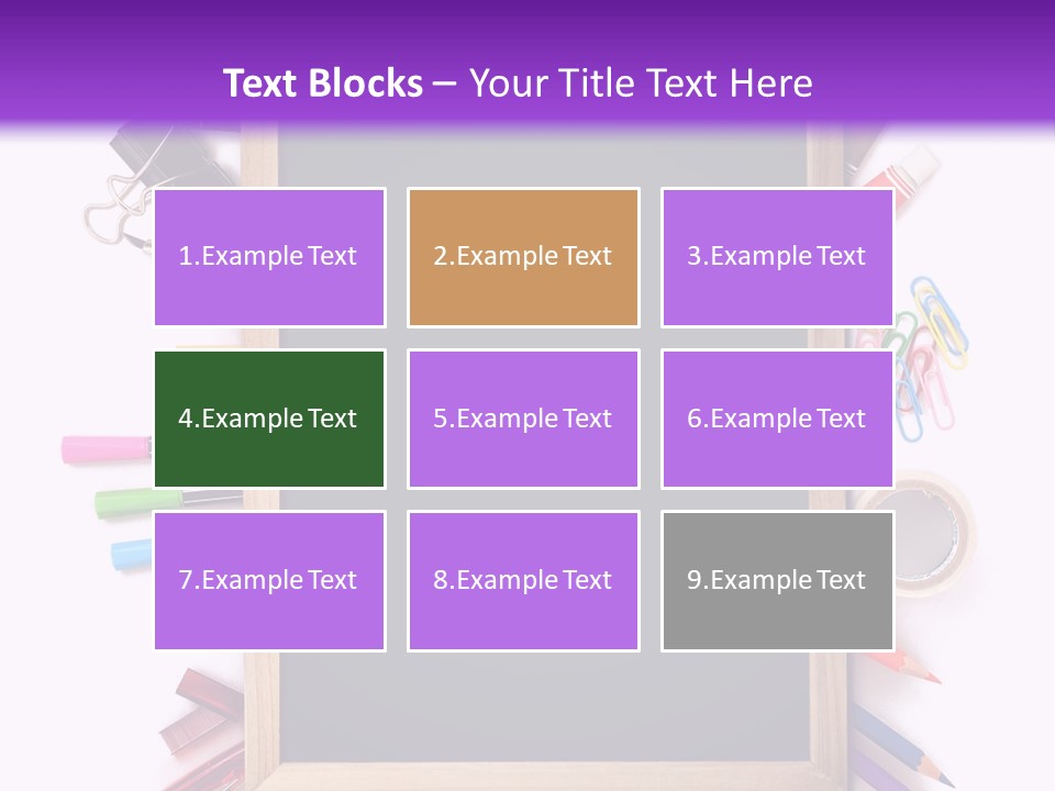 A Blackboard Surrounded By School Supplies On A Purple And White Background PowerPoint Template