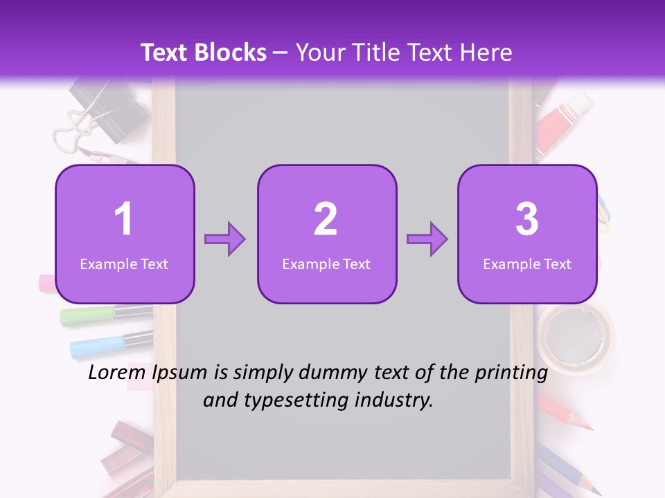 A Blackboard Surrounded By School Supplies On A Purple And White Background PowerPoint Template