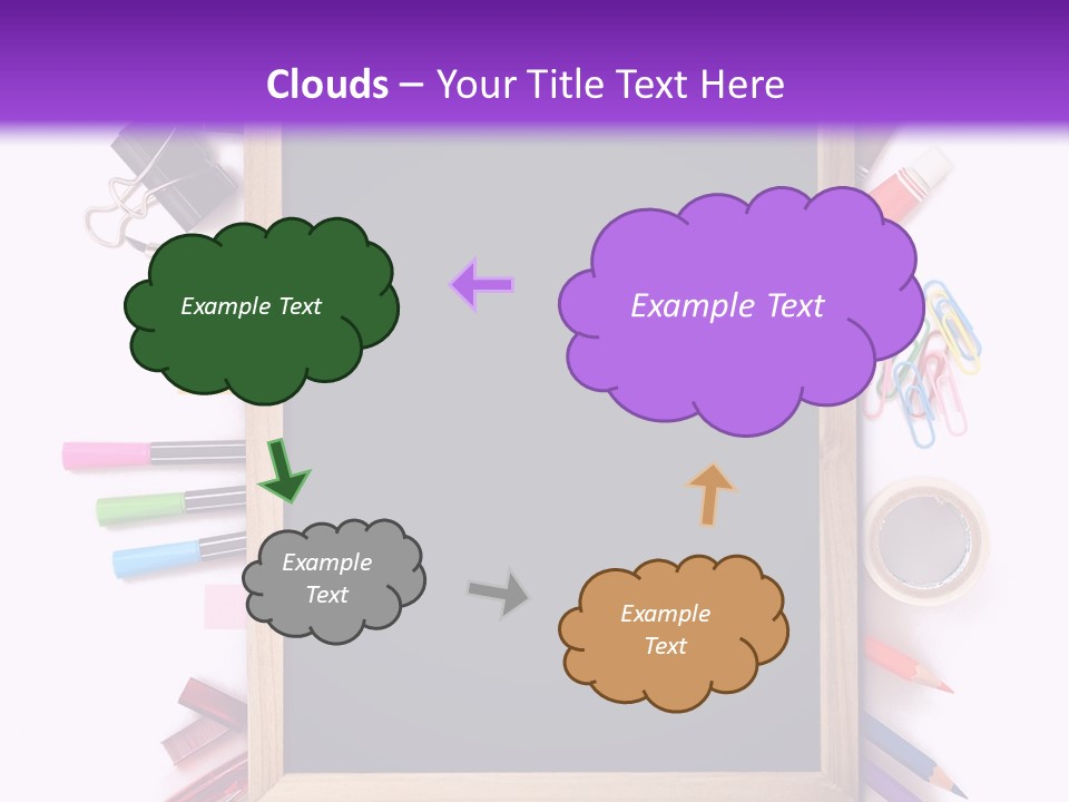 A Blackboard Surrounded By School Supplies On A Purple And White Background PowerPoint Template