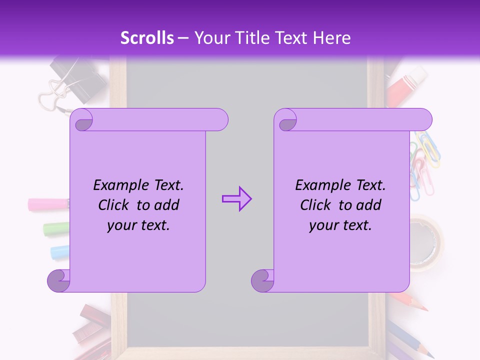 A Blackboard Surrounded By School Supplies On A Purple And White Background PowerPoint Template
