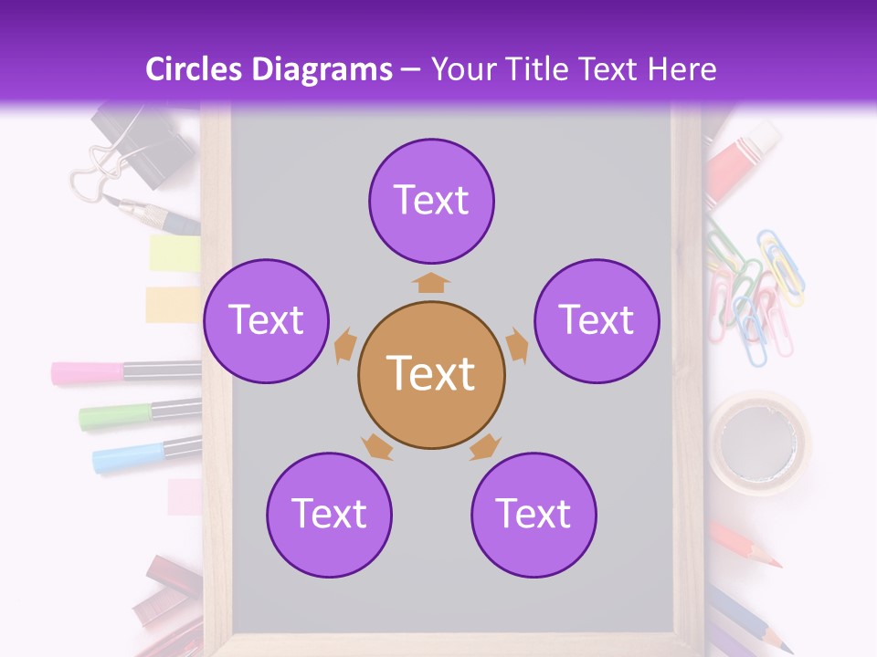 A Blackboard Surrounded By School Supplies On A Purple And White Background PowerPoint Template